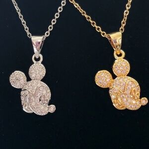 Mickey Mouse Head Pendant Gold / Silver with Crystals & Chain Necklace New